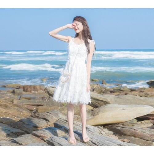 2019 Summer New Womens Beach Resort Beach Dress Fairy Tassel Sling Sweet Sexy Tens Girls Dress