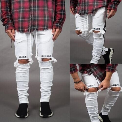 2021 Ripped Jeans Mens Streetwear Denim Embroidery Cotton Straight Hole Pocket Trouser Distressed Jeans Pencil Pant Trousers