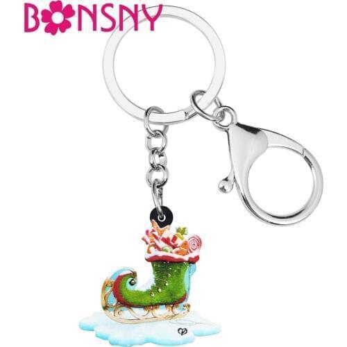 Bonsny Acrylic Christmas Anime Candy Skiing Sock Shoes Key chains Key Ring For Women Girl Bag Car Wallet Keychain Gift Accessory