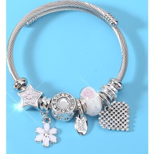 Big Heart Love Stainless Steel Bangle Bracelet For Women Jewelry Luxury Flower Beads Charms Wristband Accesorios Mujer Gift 2019