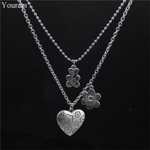 Stainless Steel Chain Vintage Punk Flower Bear Heart Pendant Necklace For Women Hiphop Treandy Jewelry Girl Cool Gifts Party