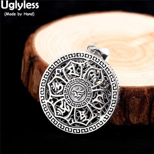 Uglyless Hollow Round Medals 6-word Mantra Pendants for Women Thai Silver 925 Silver Buddhism Necklaces NO Chains Religious Gift