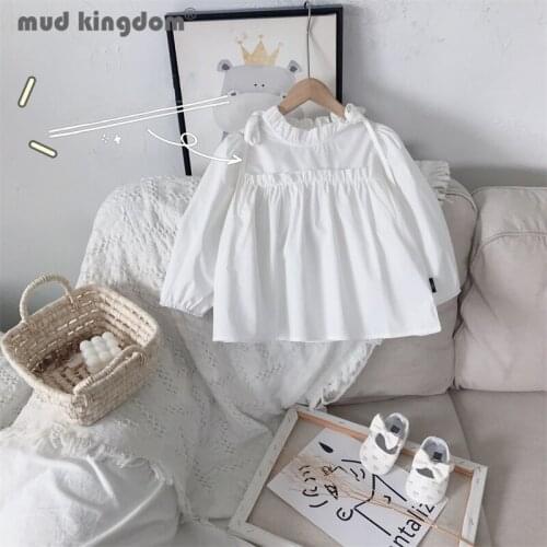 Mudkingdom Girl Solid Shirt Fashion Long Puff Sleeve Loose Fit Crew Neck Belt Baby Shirts for Toddler Drop Shoulder Kids Clothes