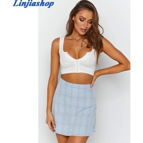 Elegant casual plaid mini skirt summer streetwear zipper blue slim tulle pensil split skirt classical bloggers vestidos