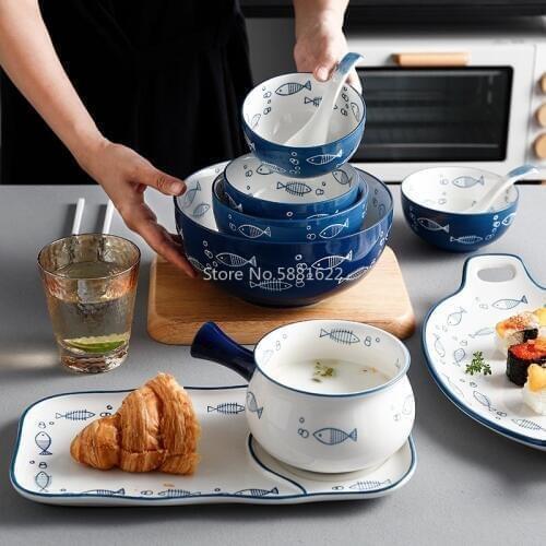 Japanese Style Ceramic Dinner Plate Bowl Food Porcelain Noodles Steak Soup Bowl Kids Breakfast Decorative Tableware Plate