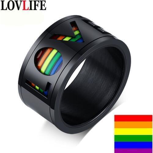 Stainless Steel Rainbow LGBT Ring Letter LOVE Rotating Ring Epoxy Homosexual Couple Rings Wedding Band Lebian & Gay Finger Ring