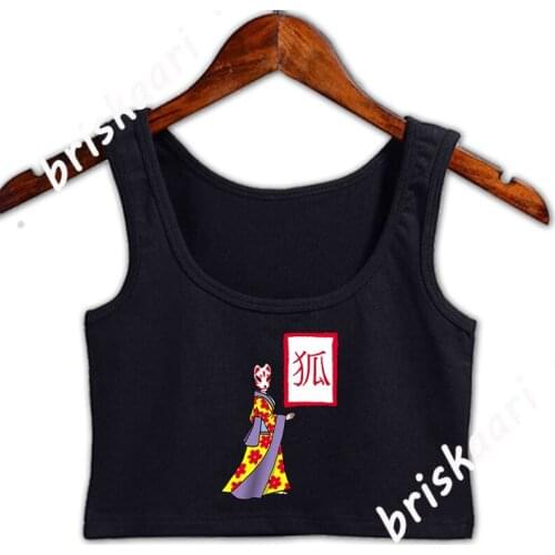 Fox Kitsune Manga Crop Top Women Designing Round Neck Fitness Spring Autumn Building Standard Natural Crop Top Women Vest