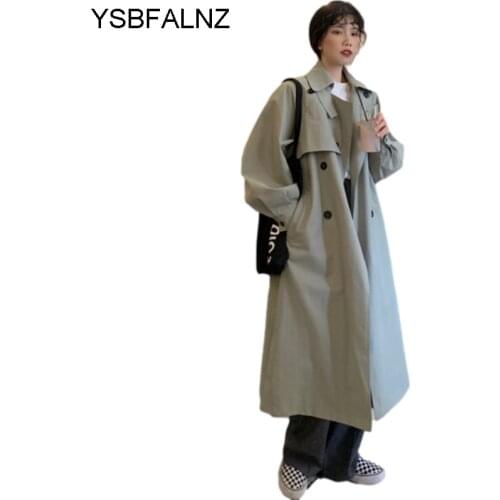 Fashion Korean Style Loose Womens Chic Trench Coat Double-Breasted Long With Belt Lady Windbreaker Spring Autumn Cloak Clothing
