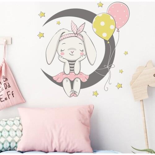 Cartoon Moon Bunny Balloon Wall Stickers Wallpaper Little Girl Bedroom Childrens Room Beautifying Decorative Wall Stickers