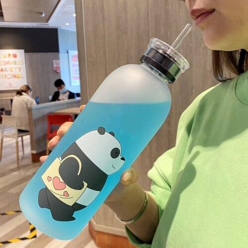 1000ml Plastic Bottle Cartoon Frosted Water Cup Leak-proof Drinkware Panda Bear Pattern Transparent Sports Drinking Water Bottle