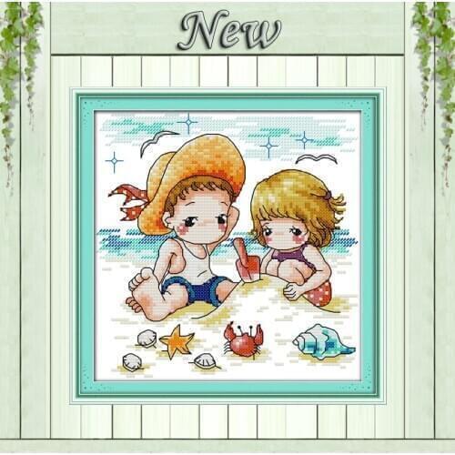Beach friends baby painting counted printed on canvas DMC 14CT 11CT Joy SundayCross Stitch chinese Embroidery kit Needlework Set
