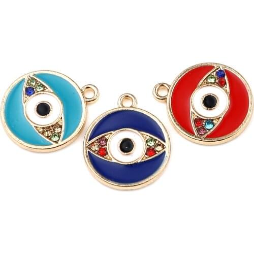 10 PCs Round Evil Eye Enamel Charms Metal Religious Charm Gold Color Dark Blue Red Enamelled Pendants For DIY Jewelry Making