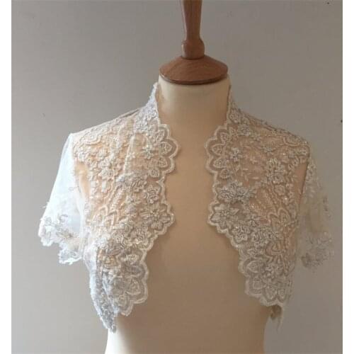 Romantic Ivory Lace Short Sleeves Wedding Bolero Wrap Appliques Beads Custom Made Bridal Jacket Cape Real Image