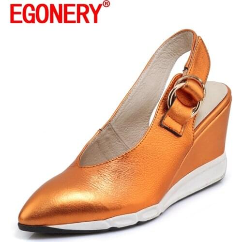 EGONERY Women summer New Style Slope Heel Sandals Pointed Toe Metal ring decoration Concise ventilation Comfortable Mature