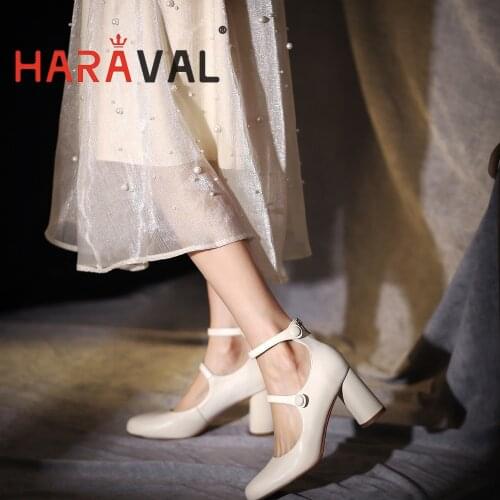 HARAVAL Women Ankle Pumps Shoes High Heels Black White Round Toe Casual Spring Autumn Mary Janes Genuine Leather Office LadyA294