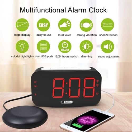 Vibrating Loud Alarm Clock with Bed Shaker for Heavy Sleepers Deaf Senior Kids LED Display with Dimmer,Snooze,USB Phone Charger
