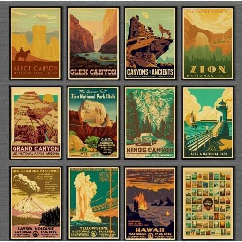 Vintage Poster Famous National Park Landscape Retro Posters and Prints Art For Home/Living Room/Bar Wall sticker Decals Painting