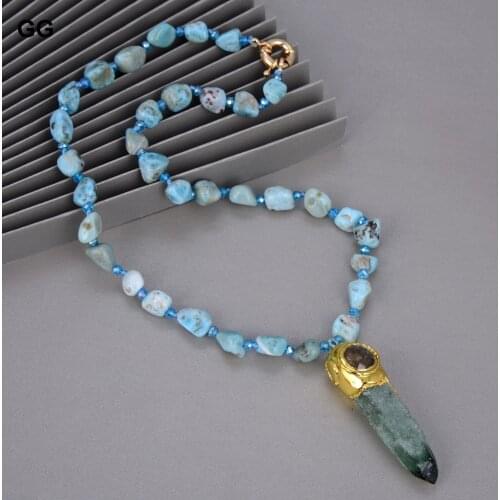 21" Natural Blue Larimar Nugget Necklace Rough Green Fluorte Pendant