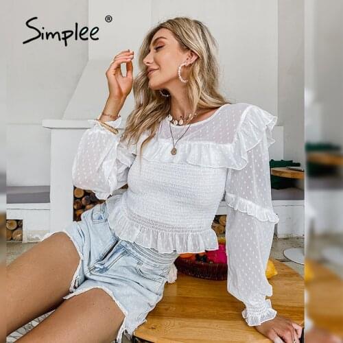 Simplee Elegant ruffled mesh smocking embroidery blouses spring Chic solid chiffon blouse holiday fashion Casual women tops 2021