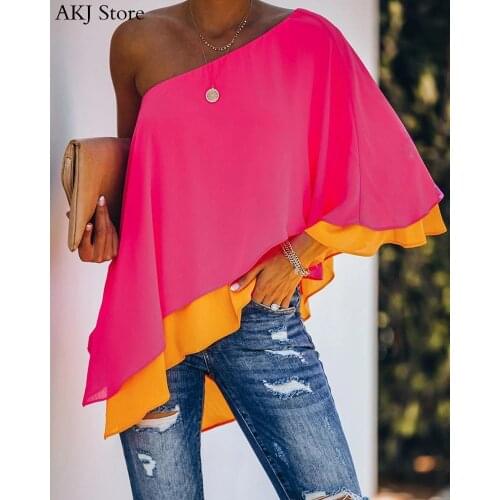 2020 Autumn Women Contrast Color Ruffles Trim Irregular Top