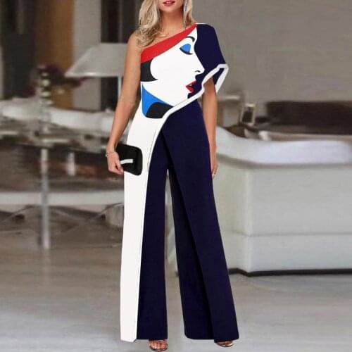 2021 Jumpsuit European and American Womens Abstract Printing Fashion Oblique Shoulder Loose Wide-Leg Pants