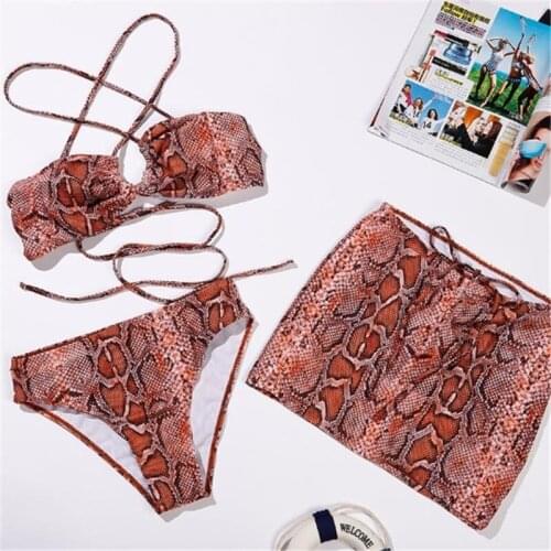 2021 Sexy Snake Print Swimsuit Bikini Mesh Skirt 3 Piece Set Summer Clothes for Women Beach Wear Vacation Outfits