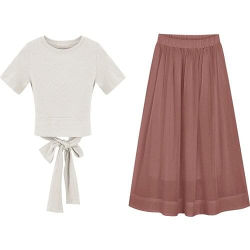 Spring New Women Dress Suit 2021 Summer Short Sleeve Bow T Shirt+Skirt Two Piece Set Back Hollow Out Casual Bow Tops