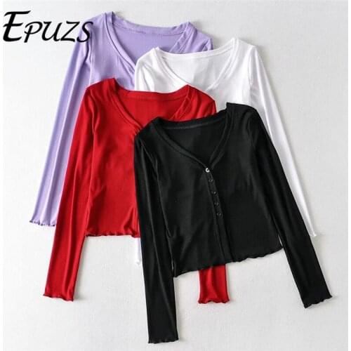 Women Crop Fashion Slim Sweet Cute Long Sleeve Tops Casual Cotton Short V-Neck White Thin Button Cardigans Tops EPUZS 2020 New