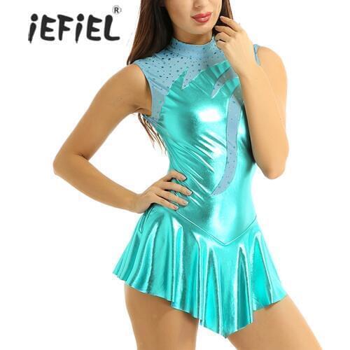 Womens Adults Shiny Metallic Figure Skating Dress Keyhole Back Ladies Ballroom Dress Dance Competition Gymnastics Leotard Dress