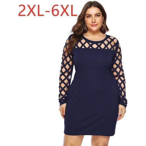 New 2021 ladies spring autumn plus size midi dress for women large long sleeve slim sexy blue hollow out dress 3XL 4XL 5XL 6XL