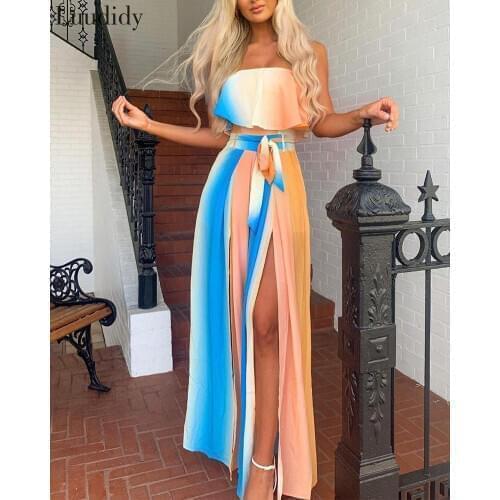 Women Sexy Off Shoulder Front Slit Colorblock Belt Dress