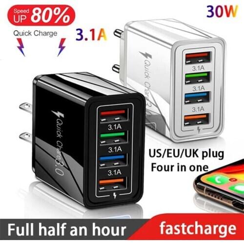 4-Port USB Wall QC3.0 Fast Charging USB Electrical Plug And Cable Travel USB Outlet Plug For IPhone Samsung xiaomi huawei honor