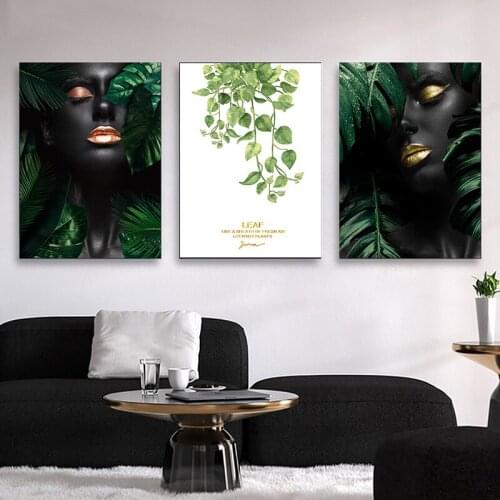 Abstract Sexy Girl with Leaf Canvas Painting Black Women Lip Poster Print Cuadros Wall Art for Living Room Home Decor (No Frame)