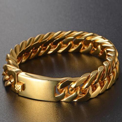Granny Chic 15/17mm Heavy Mens Bracelet Curb Cuban Link Gold Color 316L Stainless Steel Wristband Male Jewelry