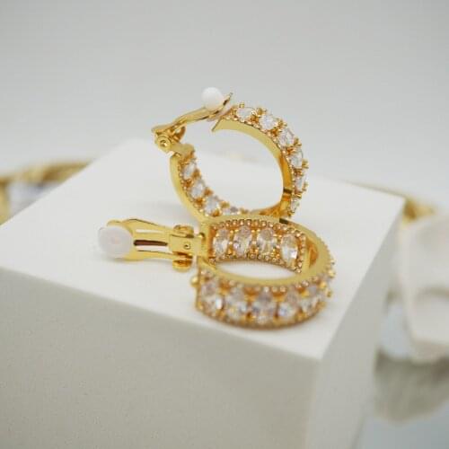 Women zircon shiny earrings clip real 18K gold plated earrings hoop jewelry