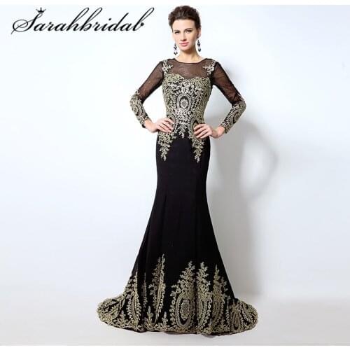 Elegant Long Sleeve Embroidery Mermaid Long Evening Dress Lace Applique Black Formal Gown Party Real Photos robe de soiree XU040