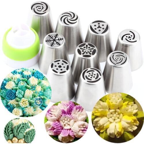 9Pcs/Set Icing Russian Piping Cake Nozzles Pastry Stainless Steel Tips And 1Pcs Converter Coupler Cake Decorating Tips