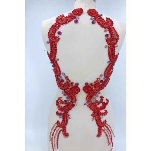 Pure hand made sew on red Rhinestones applique on mesh crystals patches 69*17X2 for dress DIY dress accessory