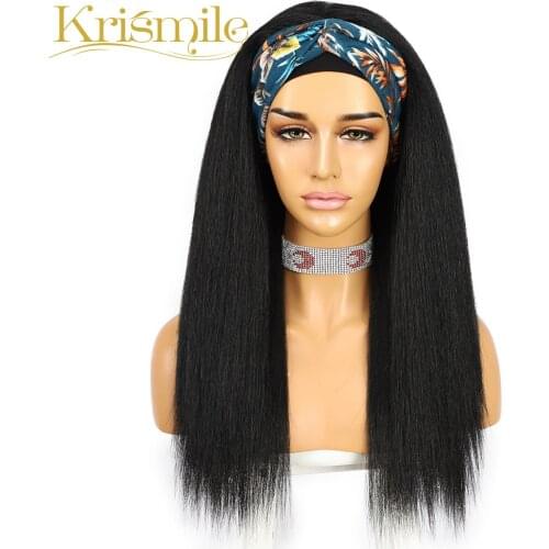 Krismile Short Straight Yaki Black Headband Wig Daily Travel Holidays No Gel Glueless Wig for Black Women with 2 Free Bands