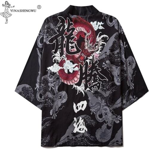 Dragon Print Yukata Men Tpos Fashion Cardigan Loose Seven-point Sleeves Blouse Asian Clothes Harajuku Japanese Cosplay Kimono