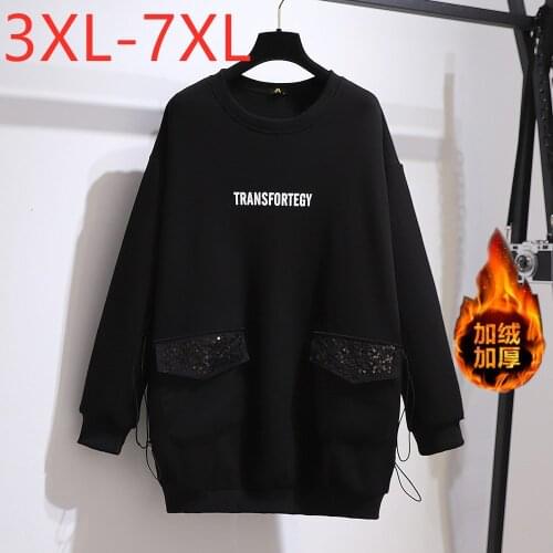 New Ladies Autumn Winter Plus Size Tops For Women Large Long Sleeve Pocket Wool Line Keep Warm Thick T-shirt 3XL 4XL 5XL 6XL 7XL