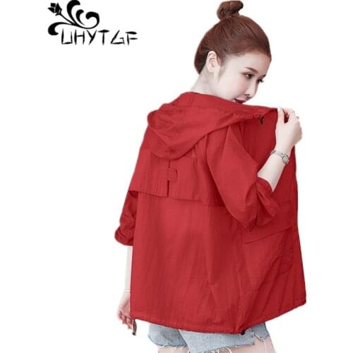 UHYTGF 2021 New Outdoor Summer Sun Protection Clothing Jacket Women Hooded Breathable Loose Plus Size Coat Female Thin Tops 2116