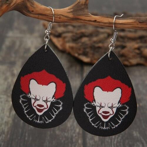 New European and American Funny Red-haired Clown Horror Series Halloween Water Drop Leather Earrings for Women Wholesale