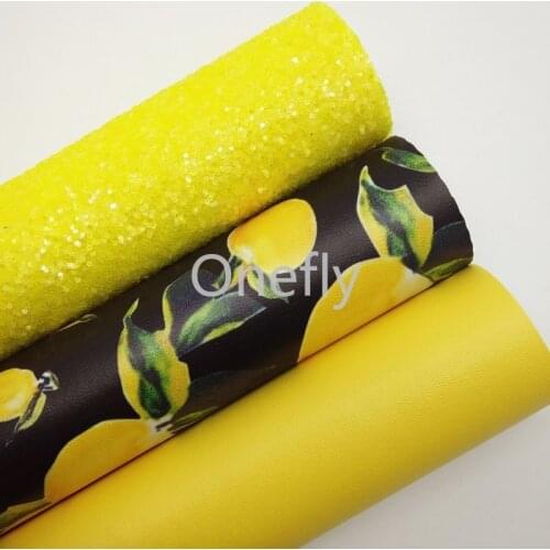 Onefly 21X29CM Yellow Glitter Leather, lemond Printed Faux leather Fabric Sheets For Bow DIY handbags shoes DQ024