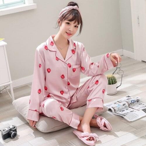 Pajamas for Women Strawberry Printed Pajama Set Pink Pyjamas Women Silk Lingerie Sexy Pijama Pants Ladies Sleepwear Nightwear