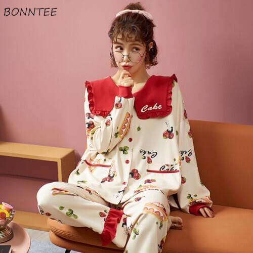 Pajama Sets Women Lovely Cartoon Chic Spring Fall Long Sleeve Ladies Sleepwear Plus Size Fashion Ulzzang College Girls Homewear