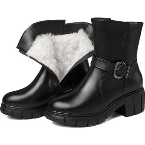 Womens Winter Wool Leather Boots Warm Snow Boots Fashion Platform Buckle Round Toe Zipper Women Mid Boots Big Size 40 41 42 43