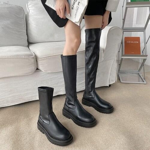New Fashion Women Boots Slip On Ankle Mid Calf Boot PU Leather Comfor Sexy Outdoor Ladies Shoes Non Slip Soft Footwear Woman