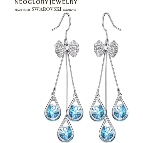 Neoglory Austria Crystal & Rhinestone Long Drop Earrings Cute Bowknot Style Alloy Plated For Women Wholesale Exquisite Gift
