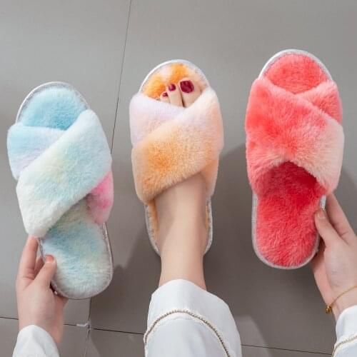 2021 New Female Winter Women Home Cotton Shoes Slippers Fuzzy Warm Faux Fur Fashion Cozy House Floor Slip on Flats MTX129
